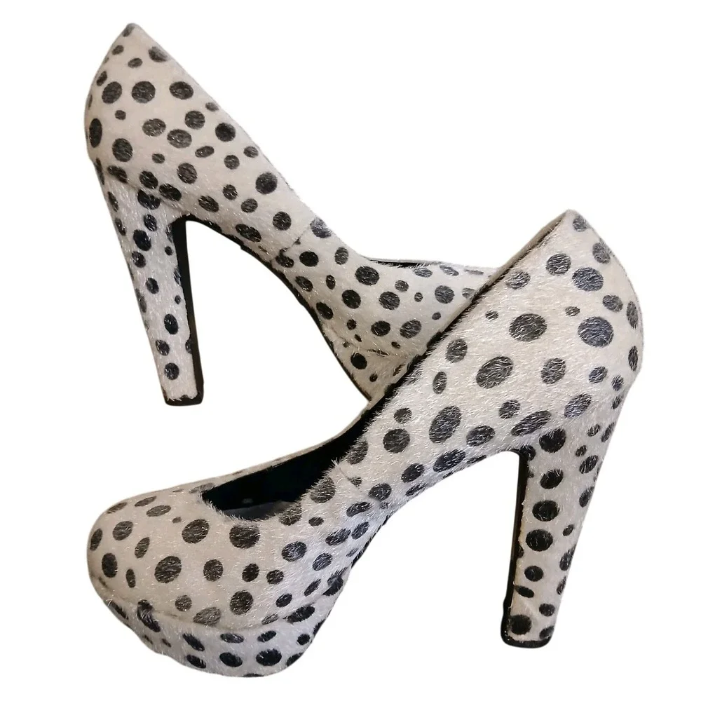 Pink & Pepper Spotted/Dalmatian Faux Fur Heels in Black/White, Sz 7‎ #1045